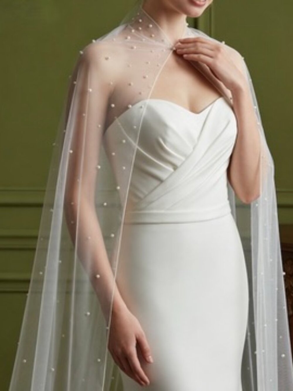 Pearl Embellished Bridal Cape Veil - Long Train Tulle Shrug
